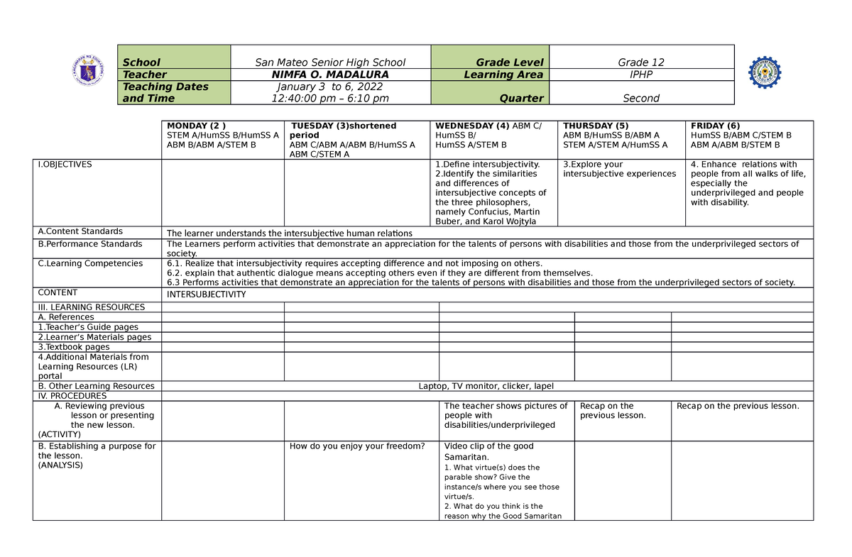 DLL Jan 3 To 6 2023 - Philosophy - MONDAY (2 ) STEM A/HumSS B/HumSS A ...