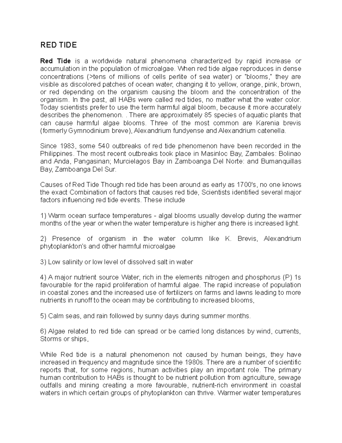 Chapter 4 RED TIDE RED TIDE Red Tide is a worldwide natural phenomena