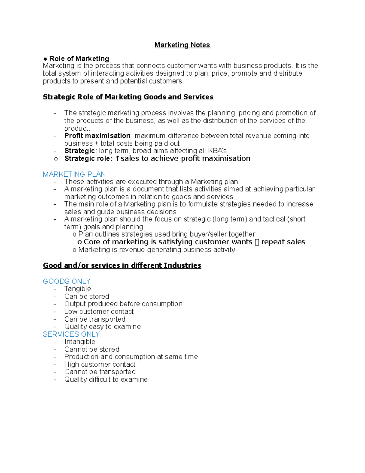 Marketing Notes - helps study for the hsc - Marketing Notes Role of ...