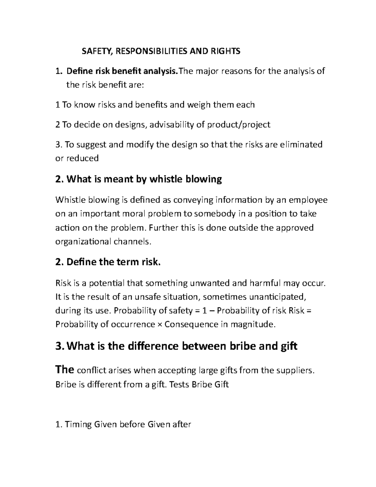 Safety, Responsibilities AND Rights SAFETY, RESPONSIBILITIES AND RIGHTS Define risk benefit