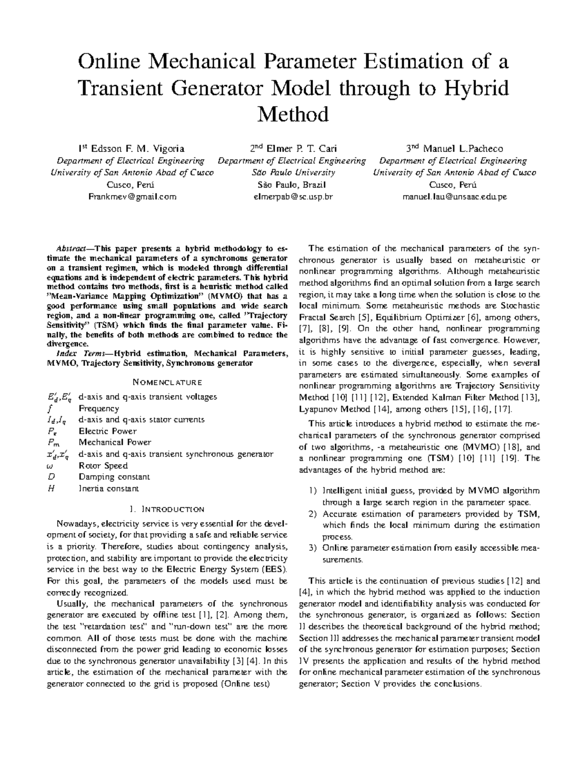 Online Mechanical Parameter Estimation of a Transient Generator Model ...