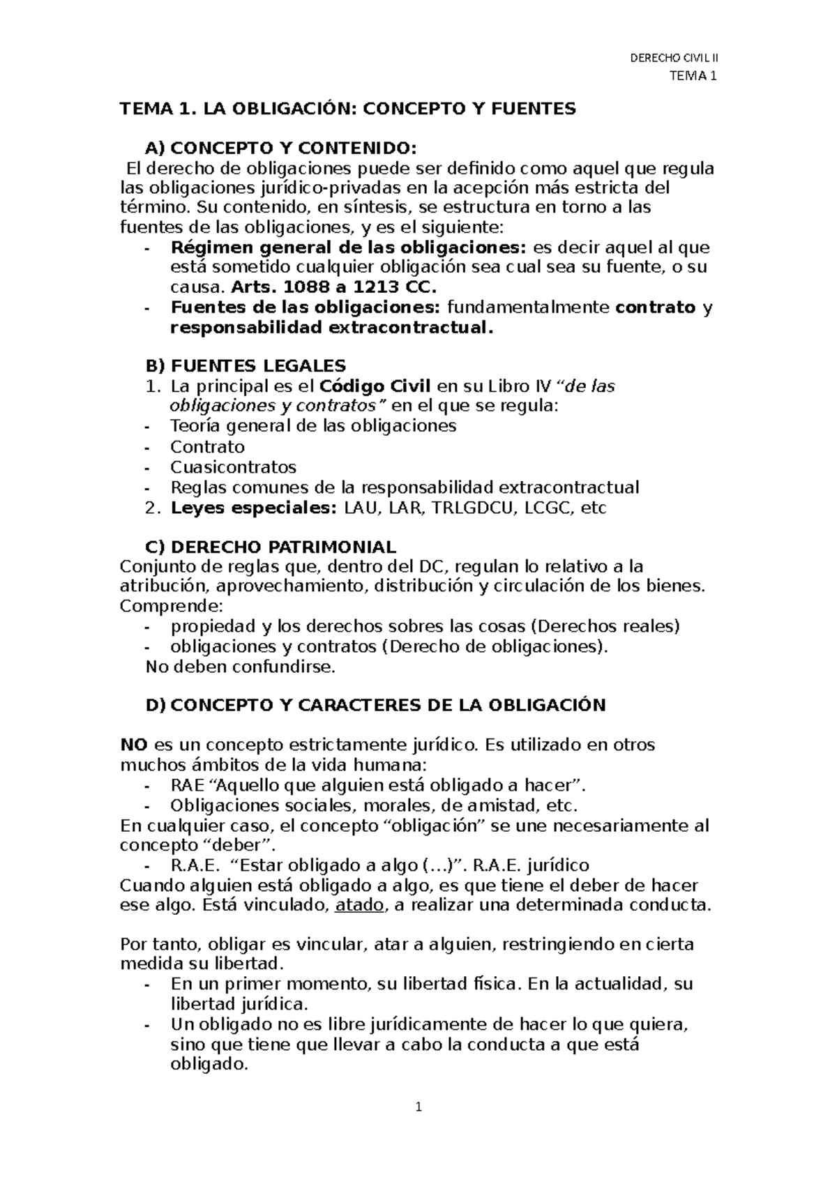 T1 Concepto Y Fuentes DE LA Obligación - TEMA 1 TEMA 1. LA OBLIGACIÓN ...