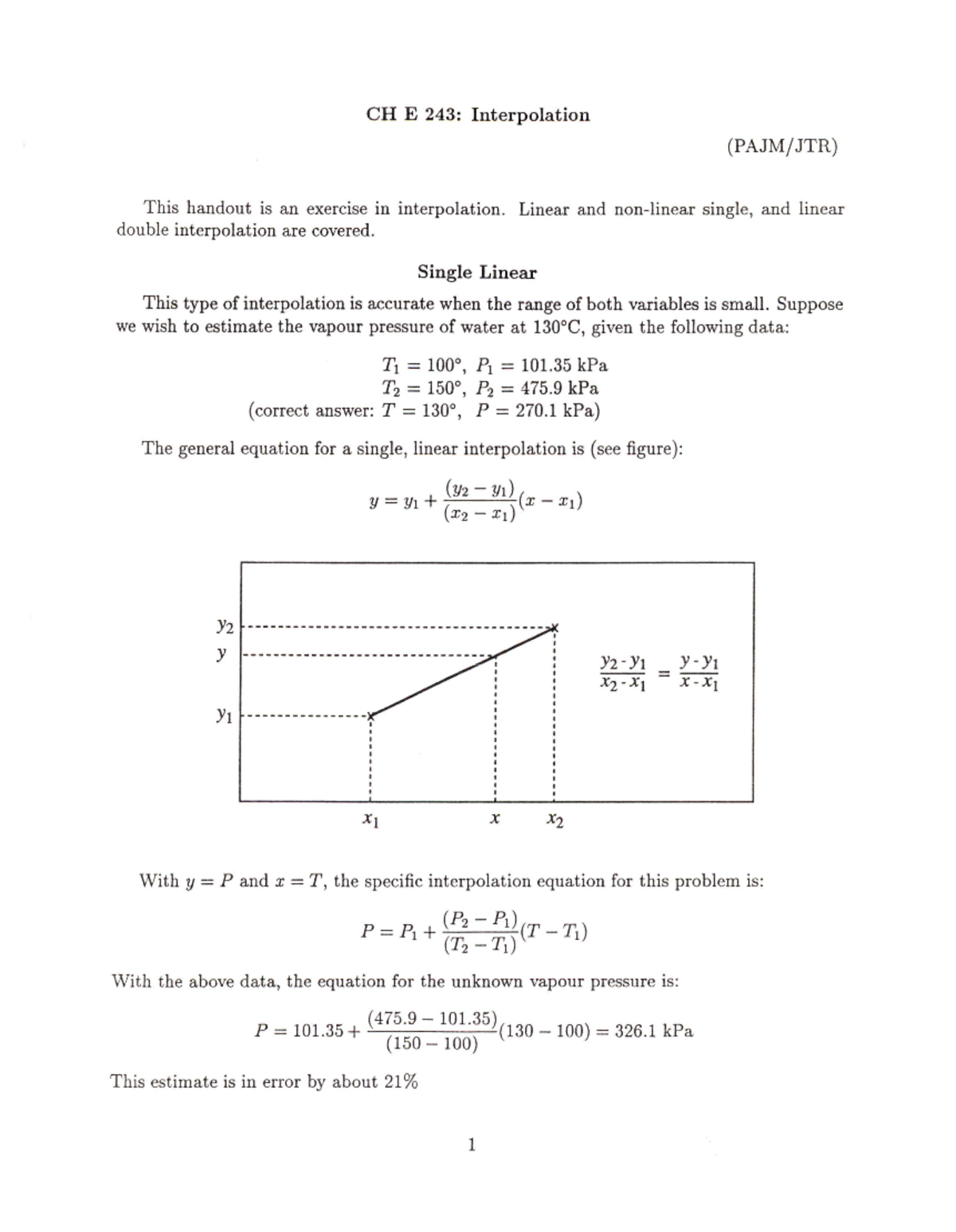 Interpolation - Sad - CH E 243: Interpolation (PAJM/JTR) This Handout ...