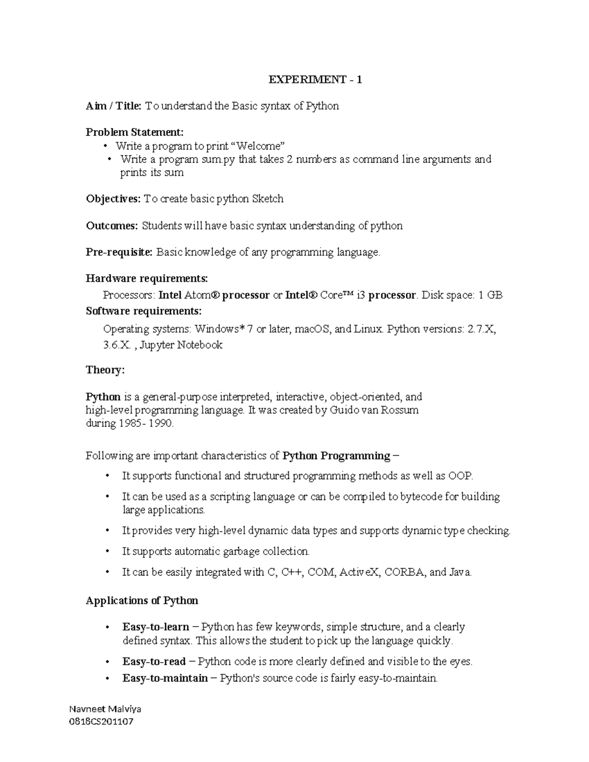 Python lab - nothing - EXPERIMENT - 1 Aim / Title: To understand the ...