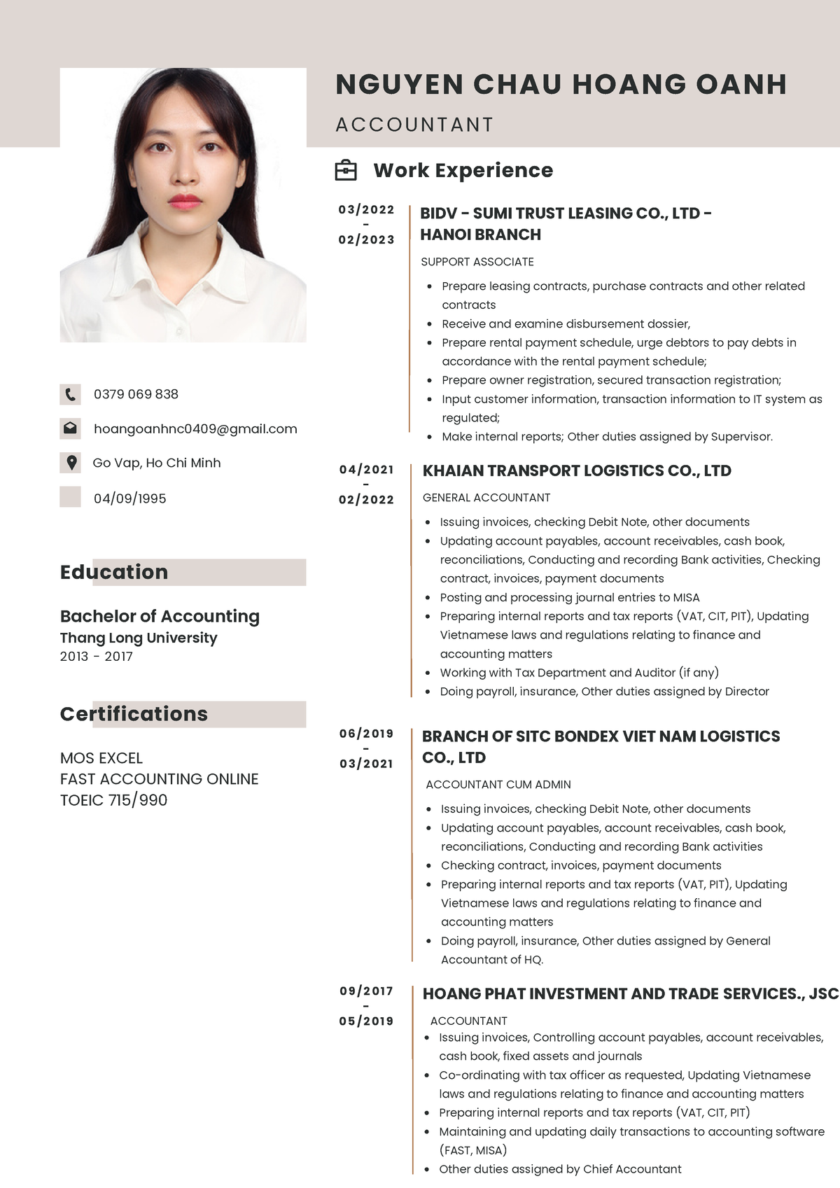 CV Accountant Hoang OANH 1697542226 - Work Experience 0379 069 838 ...