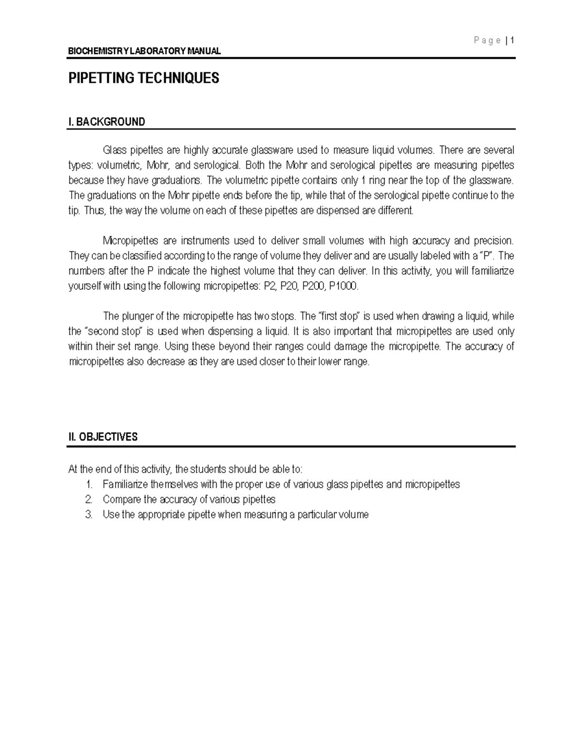 1 Pipetting Techniques - BIOCHEMISTRY LABORATORY MANUAL PIPETTING ...