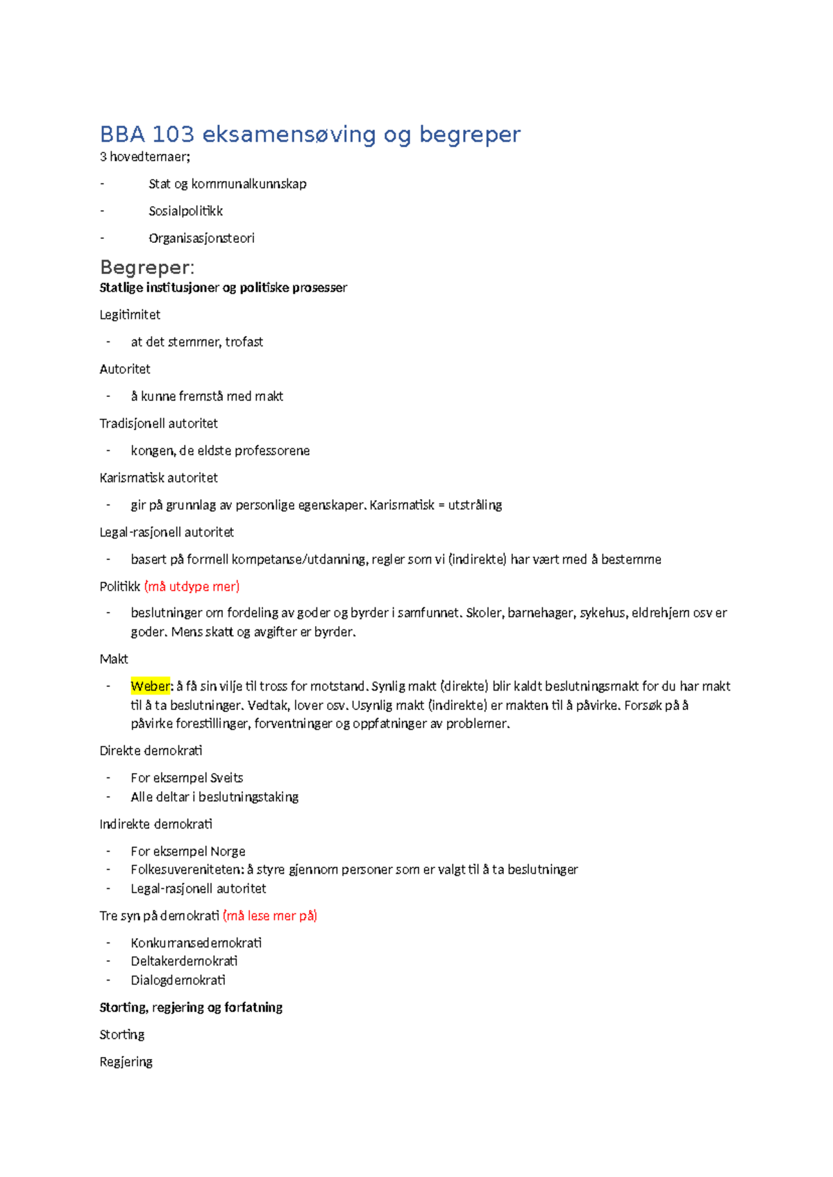 BBA 103; Begreper - BBA 103 eksamensøving og begreper 3 hovedtemaer ...