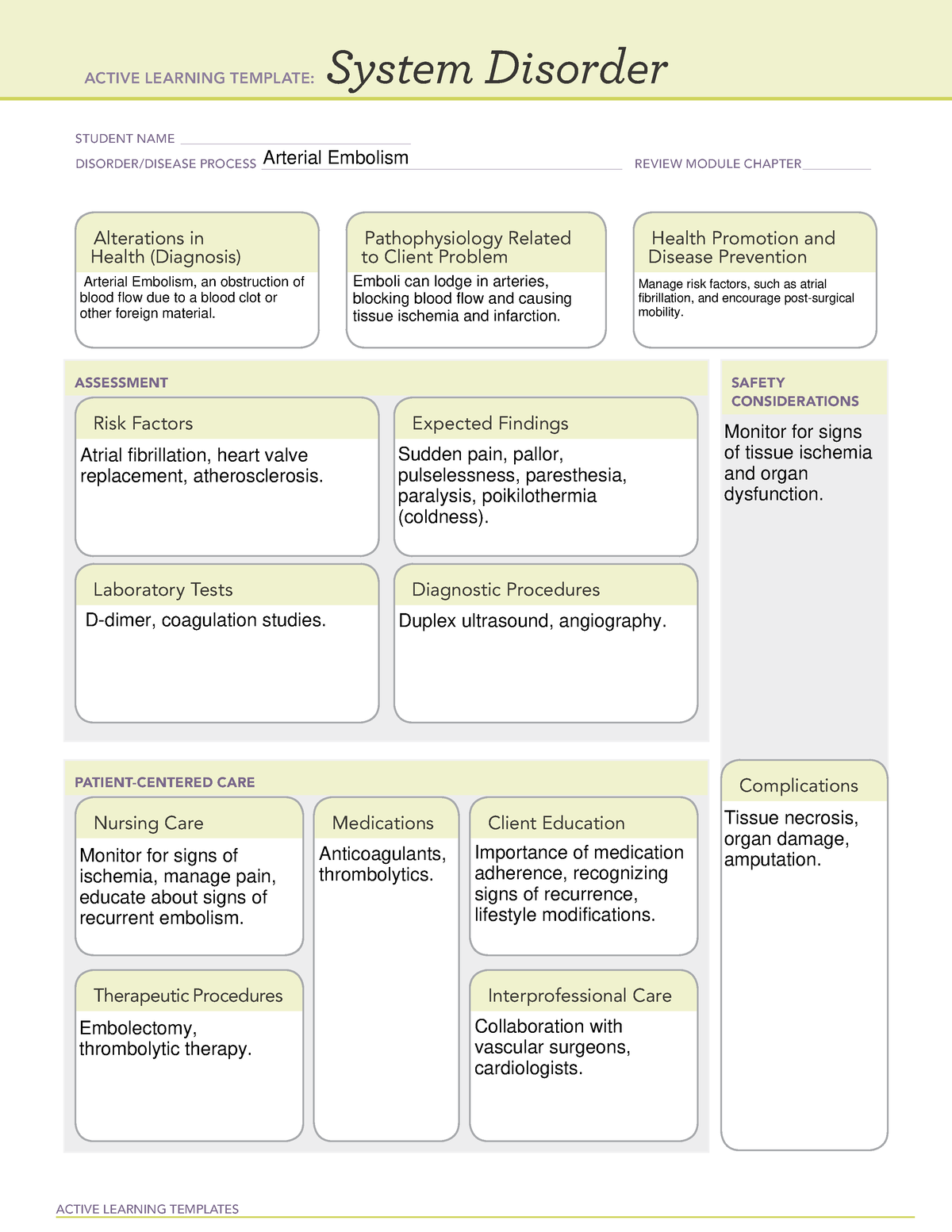 System disorder template ATI Arterial Embolism - ACTIVE LEARNING ...