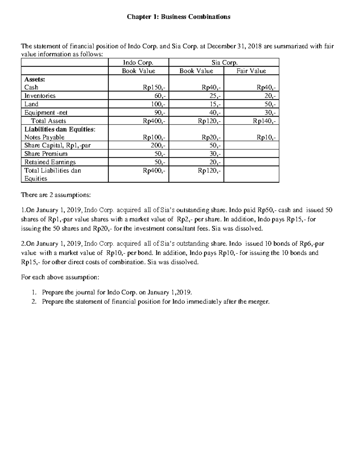Business Combination exercise ch 1 Chapter 1 Business Combinations