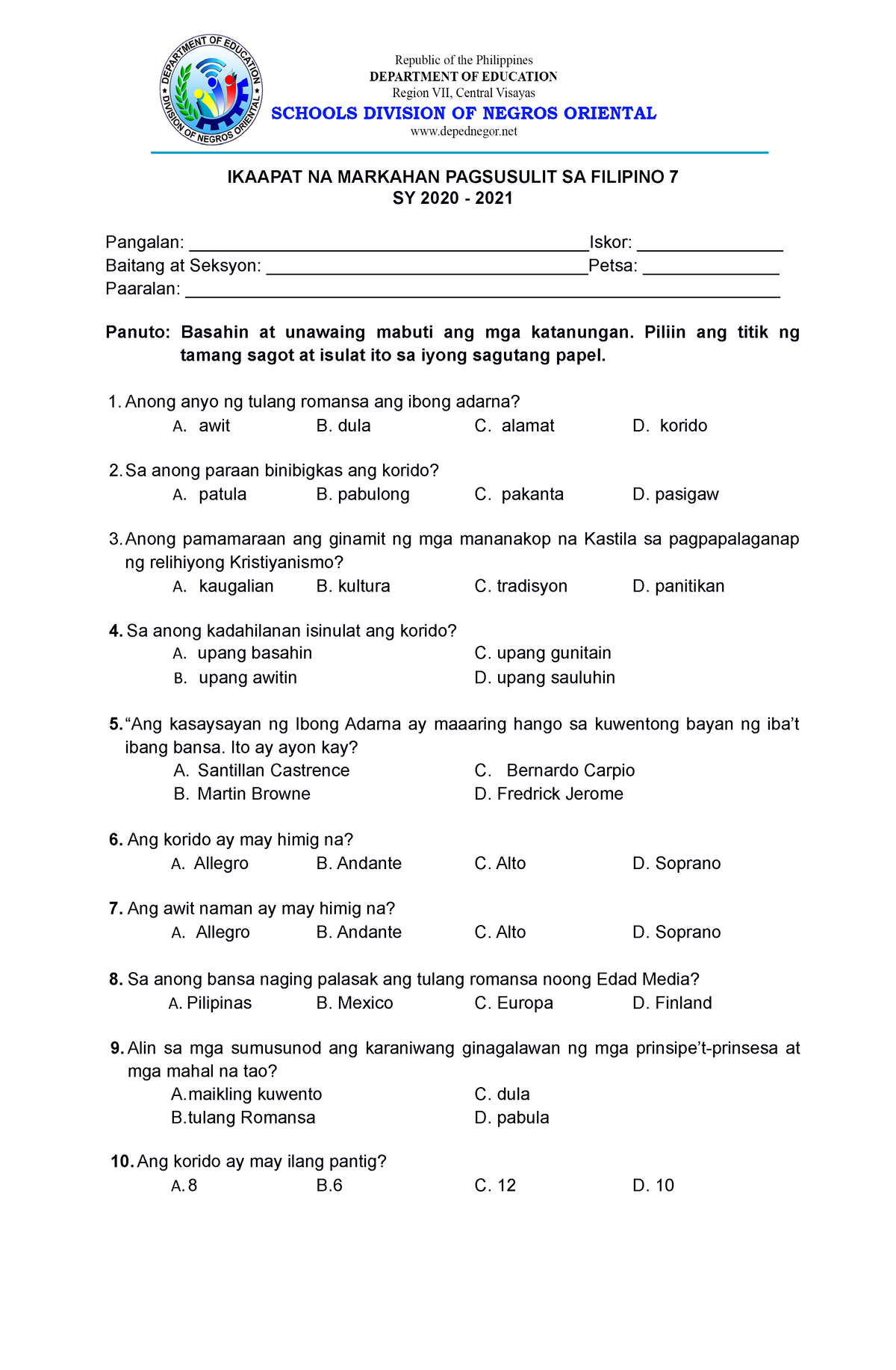 Q4 FIL7 Summative TEST - Practice - IKAAPAT NA MARKAHAN PAGSUSULIT SA ...