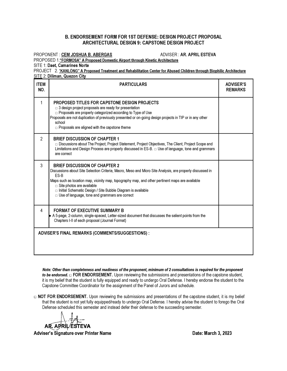 Endorsement Consultation Abergas - B. ENDORSEMENT FORM FOR 1ST DEFENSE ...