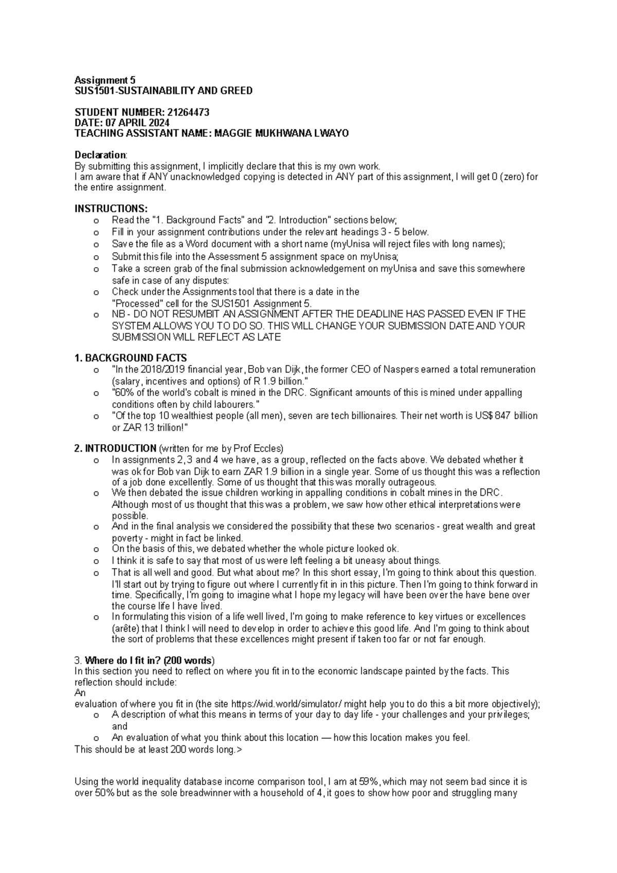 My Unisa 2 - Assignment 5 SUS1501-SUSTAINABILITY AND GREED STUDENT ...