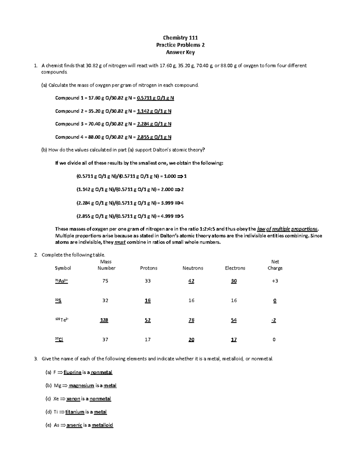 Practice Problems 1.2 Answer Key - Chemistry 111 Practice Problems 2 ...