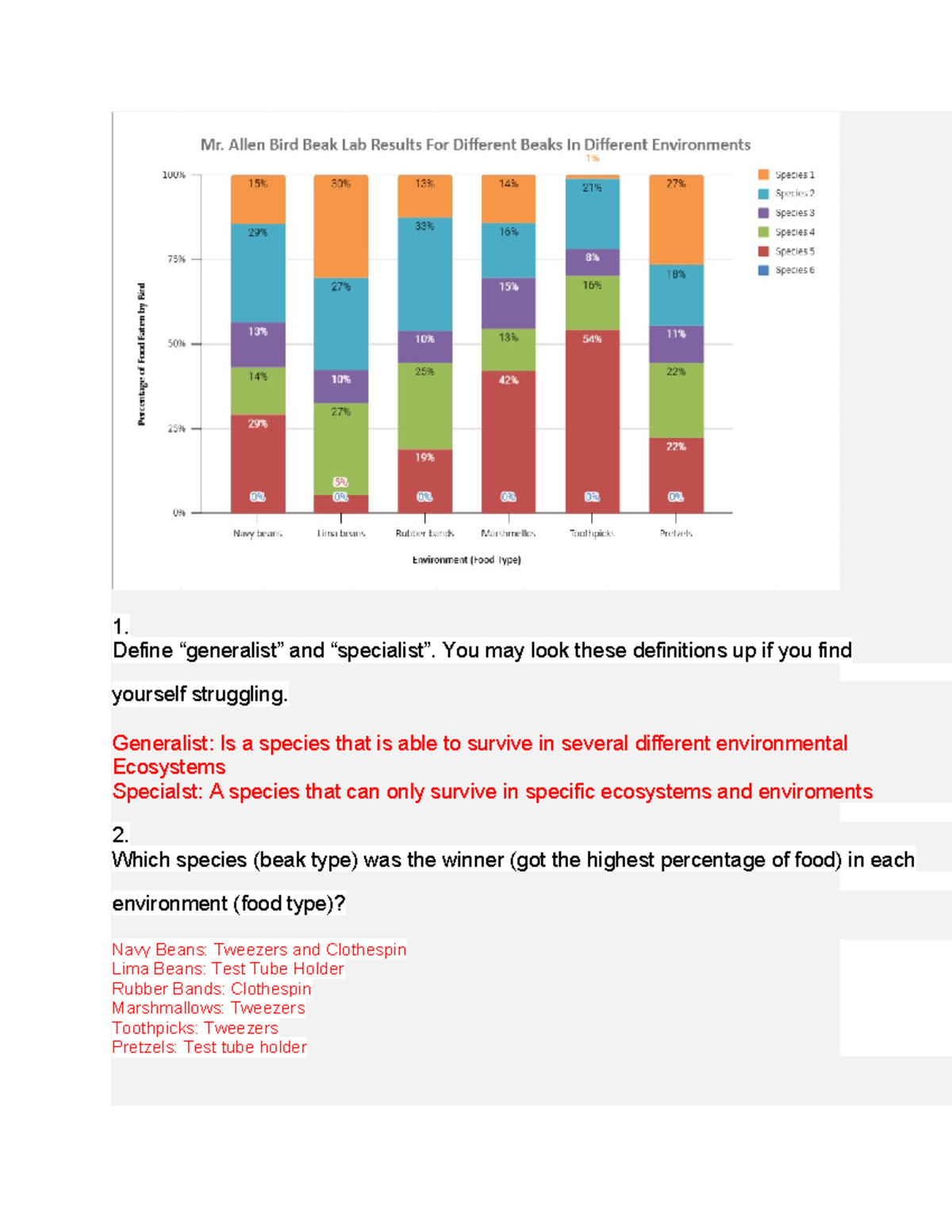 Bird Beak Lab Activity Analysis 1. Define “generalist” and “specialist”. You may look these