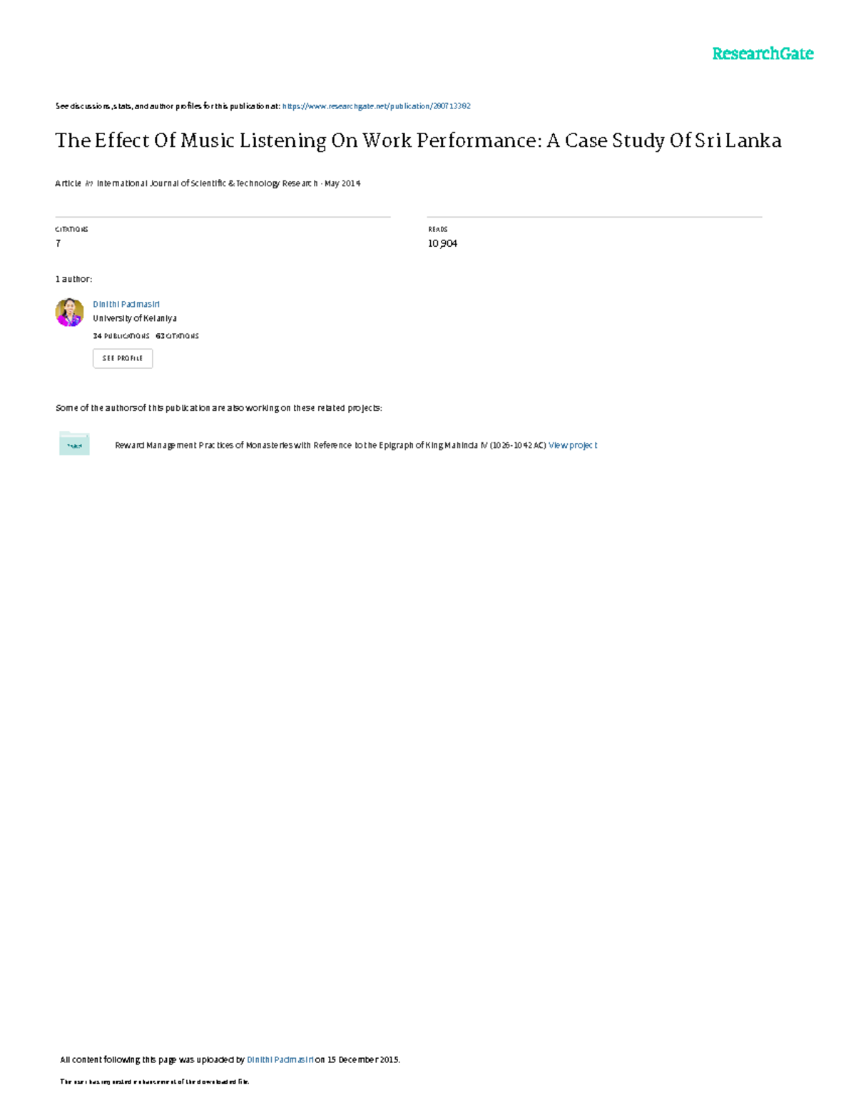 The Effect Of Music Listening On Work Performance A Case Study Of Sri ...