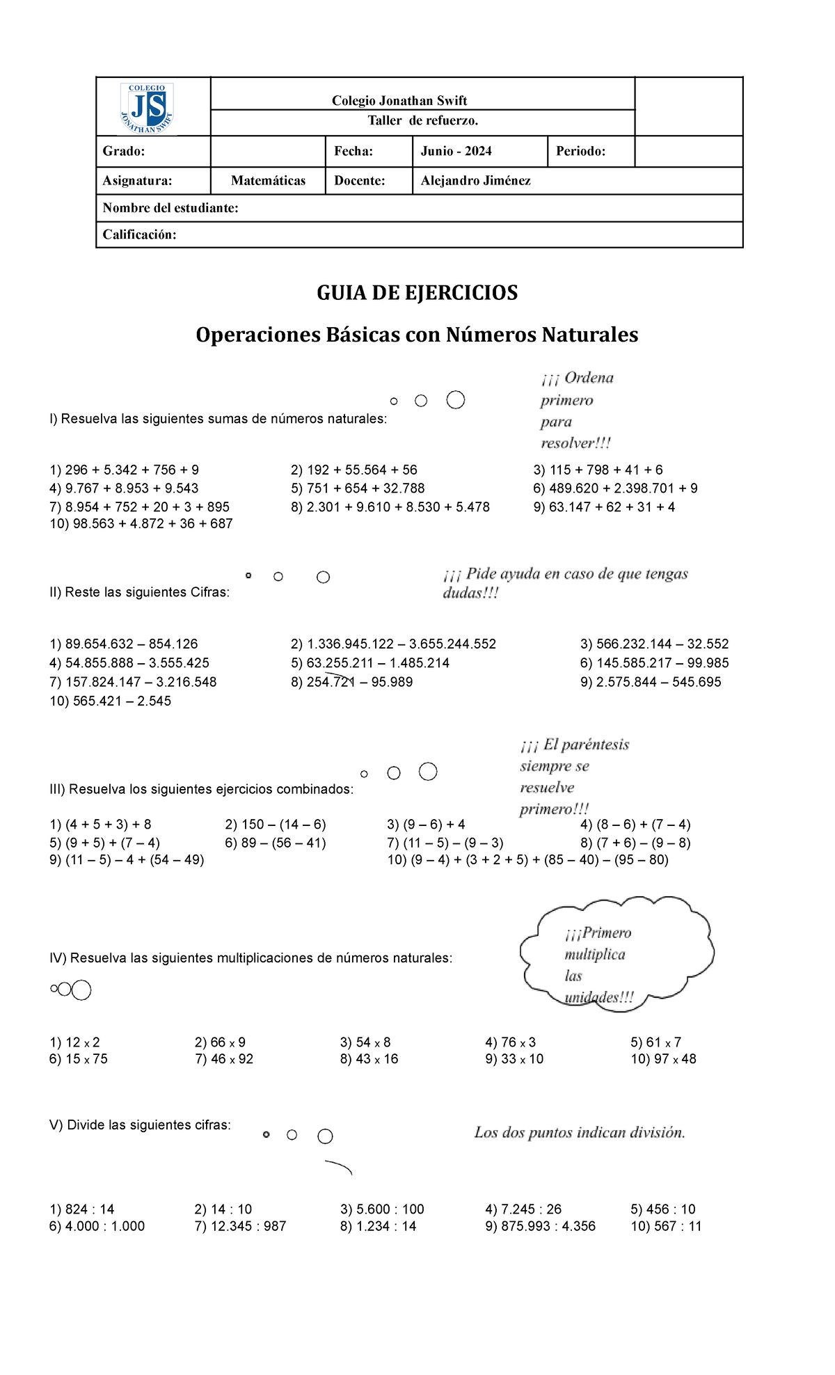 Taller matemticas operaciones basicas - Colegio Jonathan Swift Taller ...