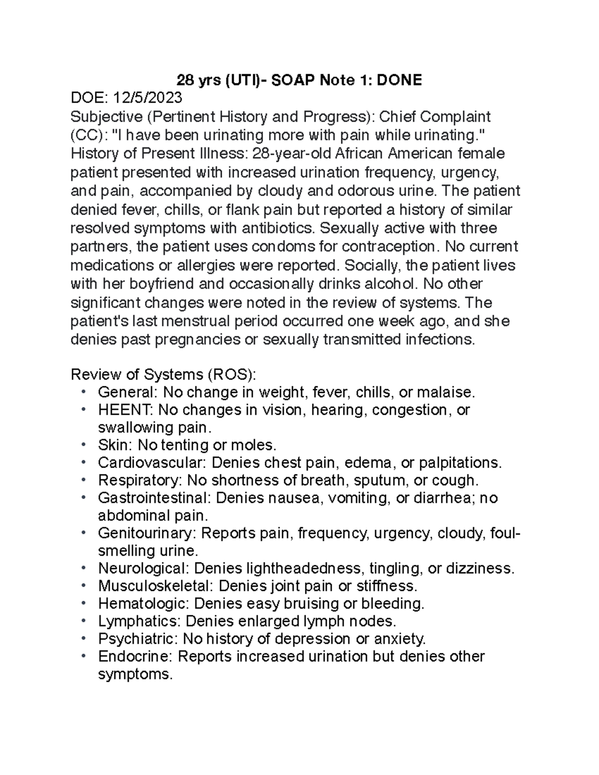 SOAP note 6 obstetriciangynecologist, 28 yrs (UTI) SOAP Note 1