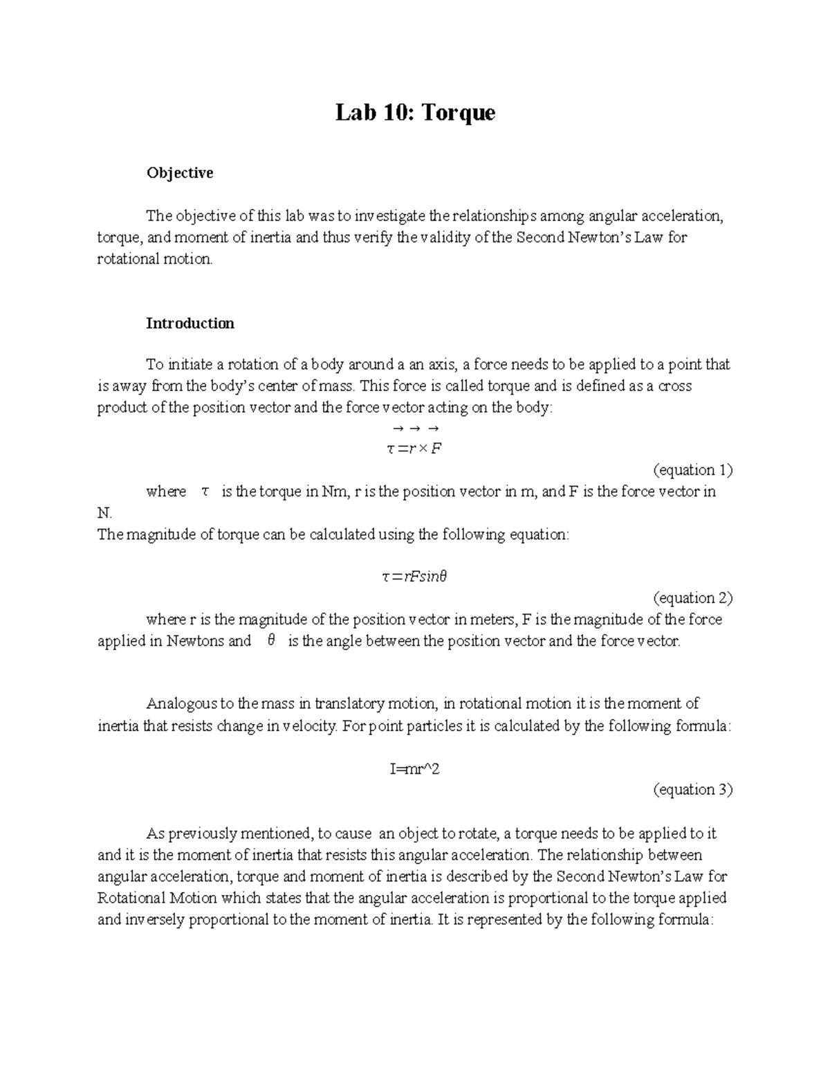 PHYS123 Lab10 - Report for lab 10 - Lab 10: Torque Objective The ...