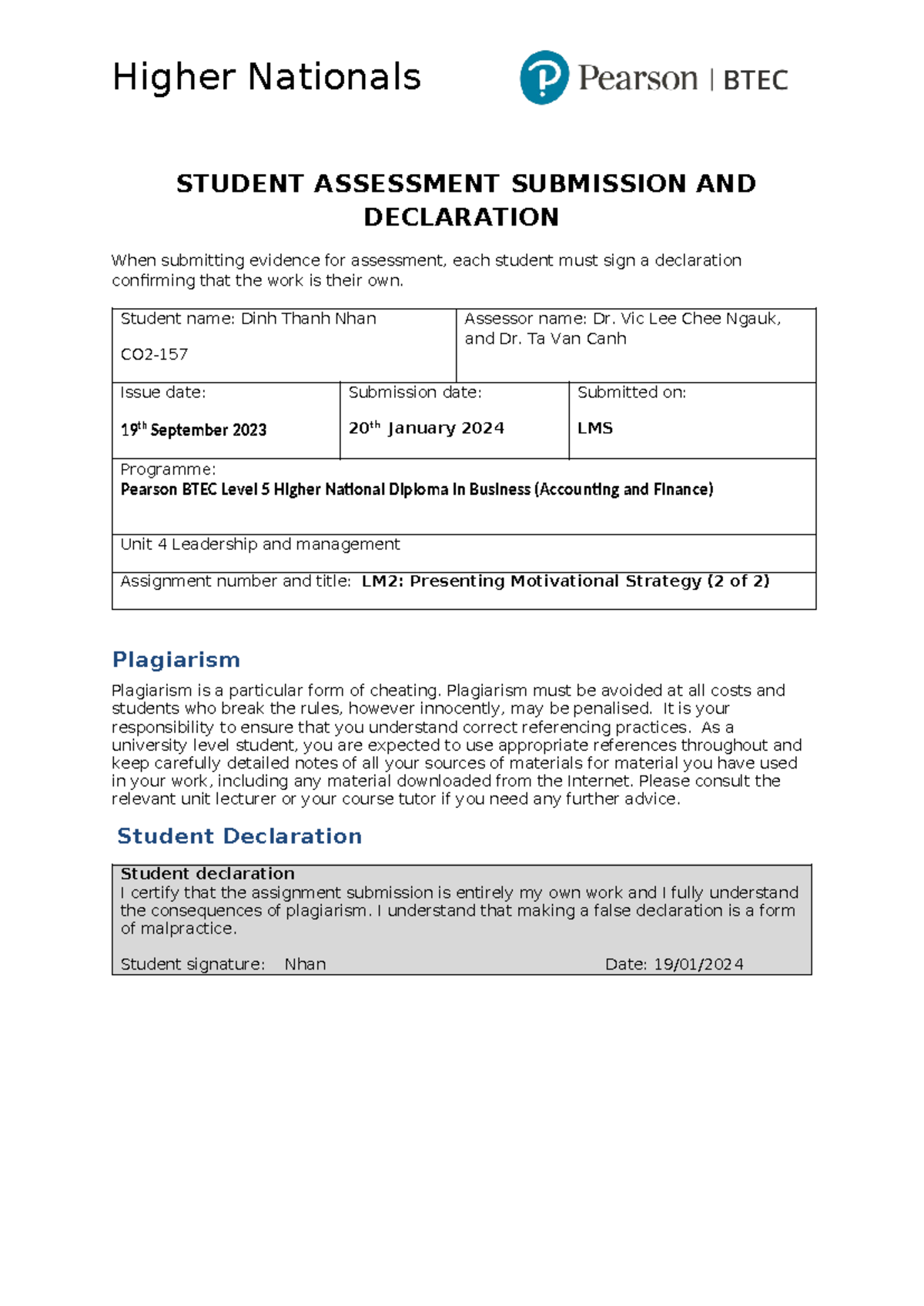 Cover-page - cover page isba - Higher Nationals STUDENT ASSESSMENT ...