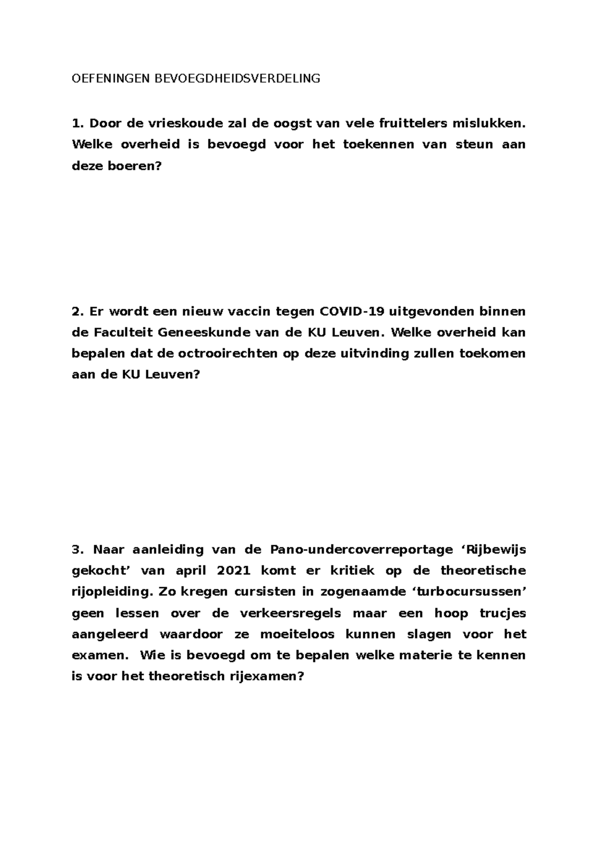 Extra oefeningen PAL - OEFENINGEN BEVOEGDHEIDSVERDELING Door de ...