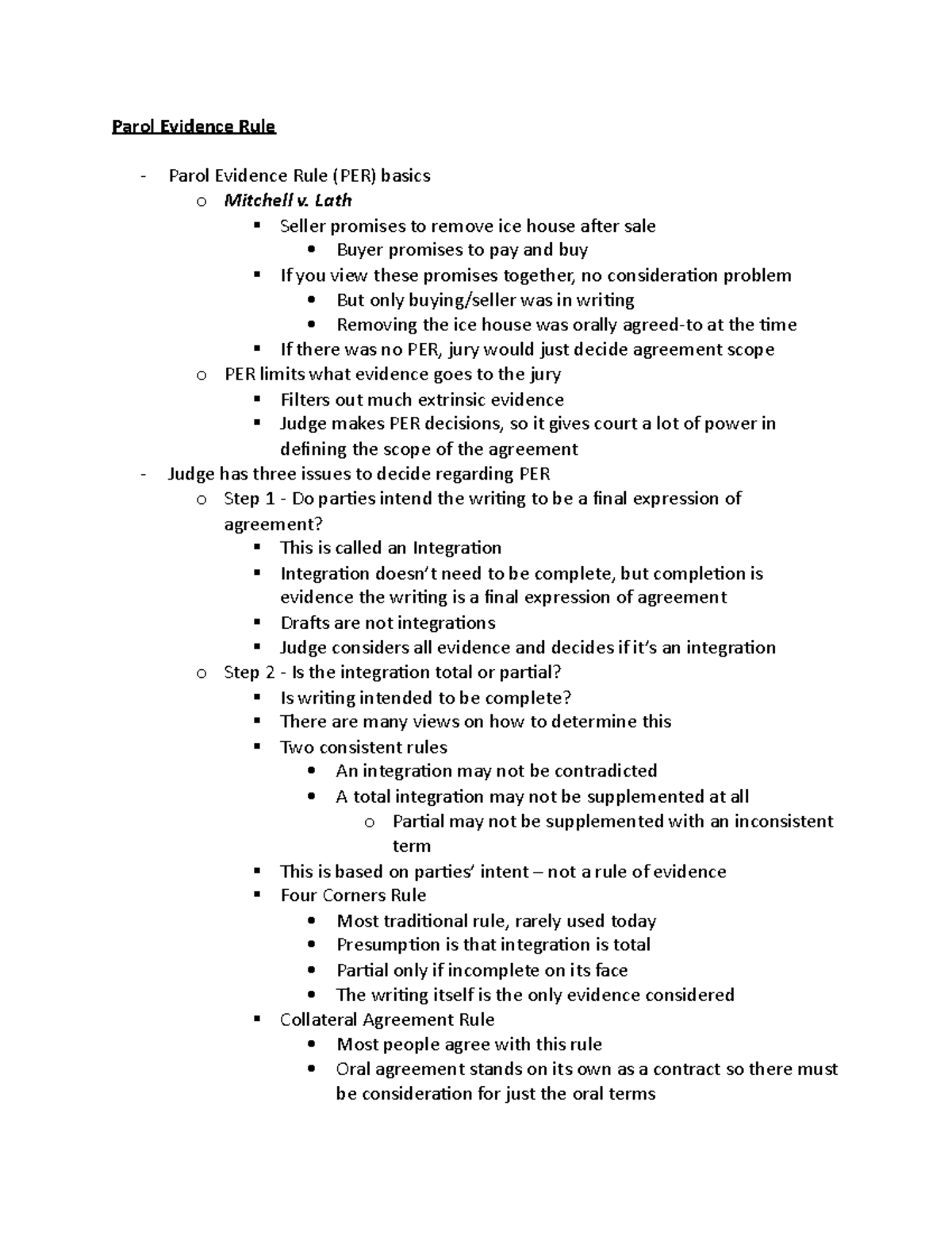 Contracts Law Outline 2 Parol Evidence Rule Parol Evidence Rule