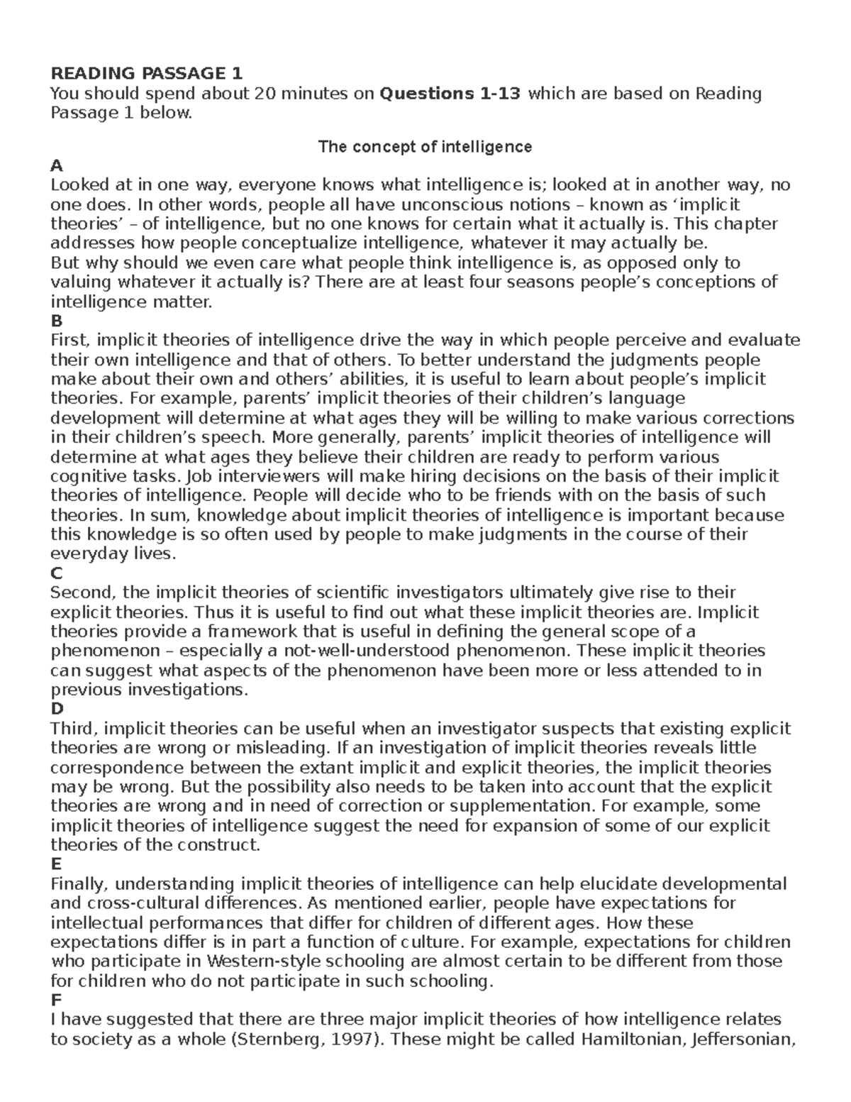 Reading Passage 1 - The concept of intelligence A Looked at in one way ...
