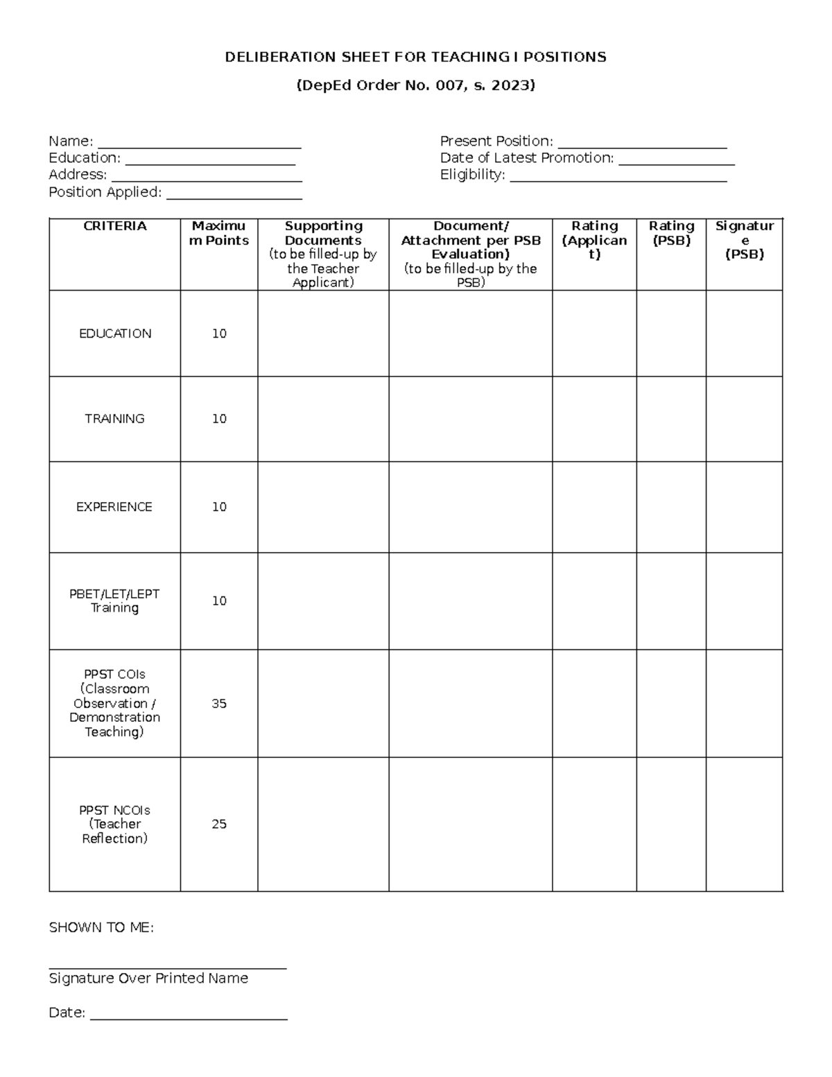 Deliberation Sheet Self Rating Sheet for Teacher I DELIBERATION SHEET