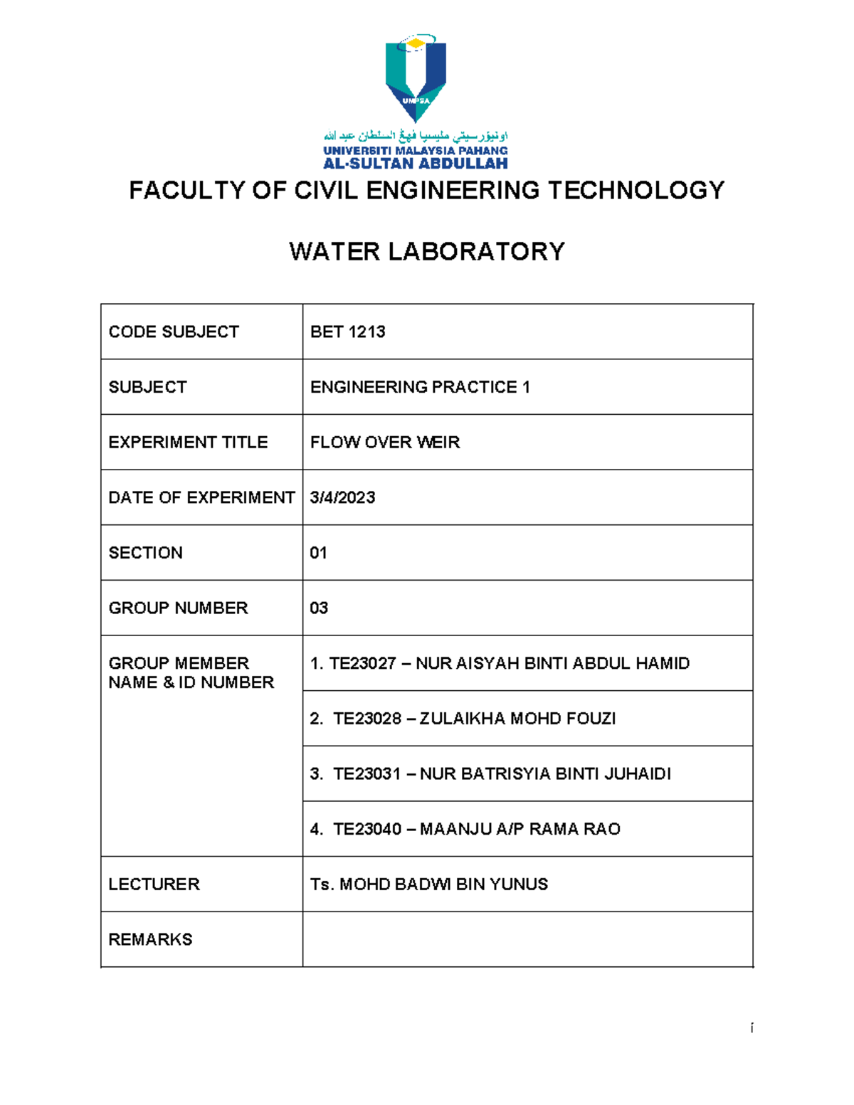 EP1 BET1213 Group 3 A01 FLOW OVER WEIR - FACULTY OF CIVIL ENGINEERING ...