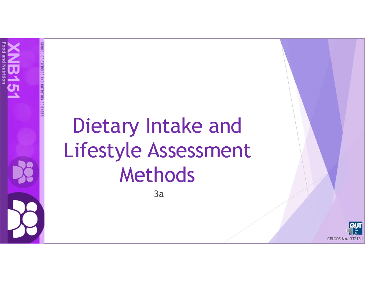 Lecture 3 Dietary Assessment Methods - Dietary Intake And Lifestyle ...