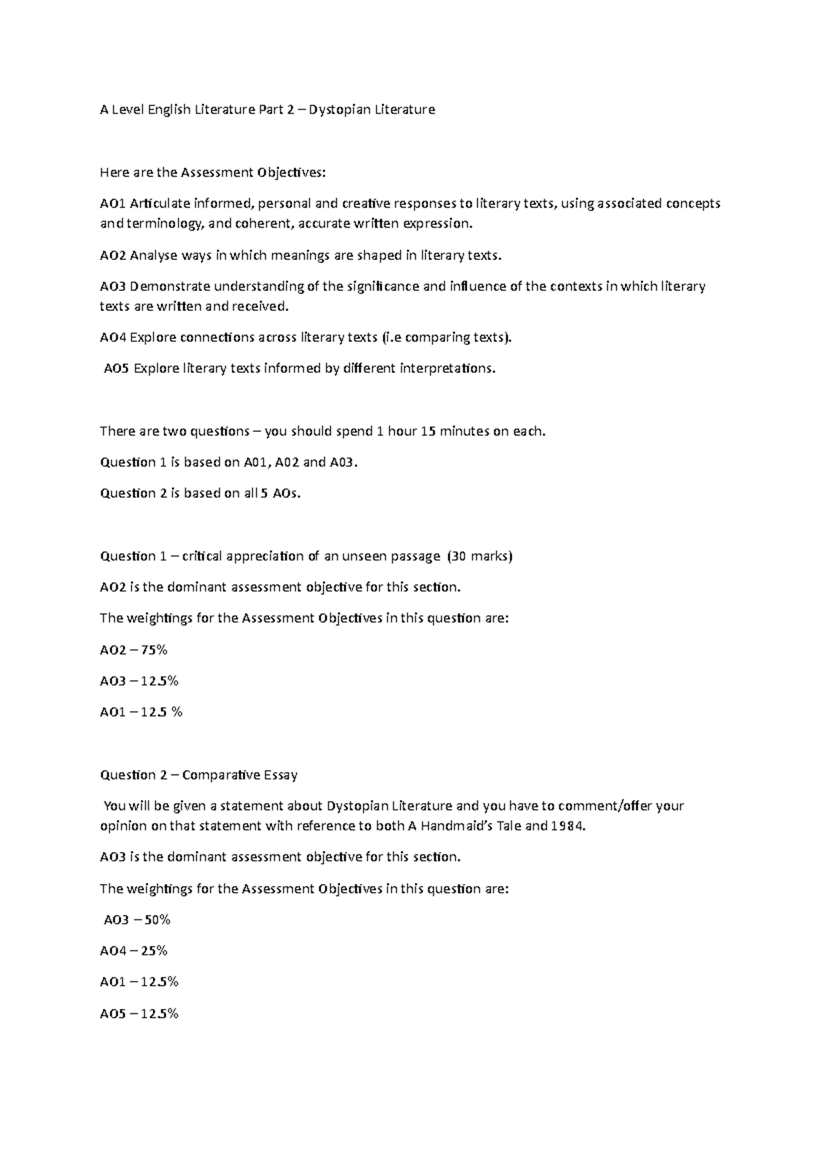 A Level English Literature Paper 2 Information About AOs And Grading 