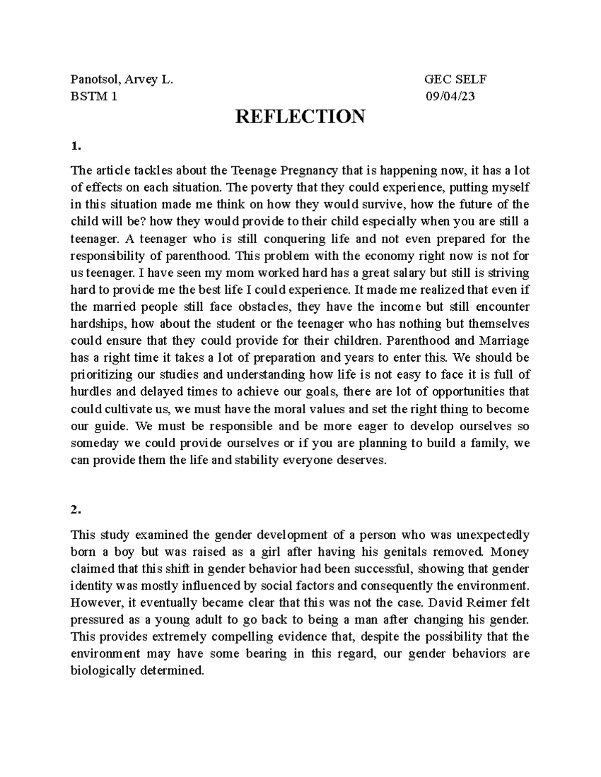 Gec self reflection - Panotsol, Arvey L. GEC SELF BSTM 1 09/04 ...