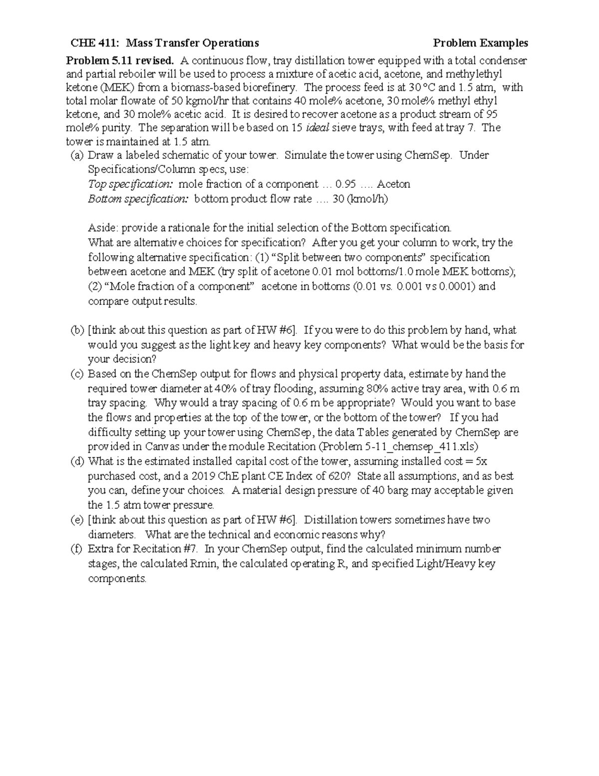 CHE 411 Recitation#7 11-14-23 - CHE 411: Mass Transfer Operations ...
