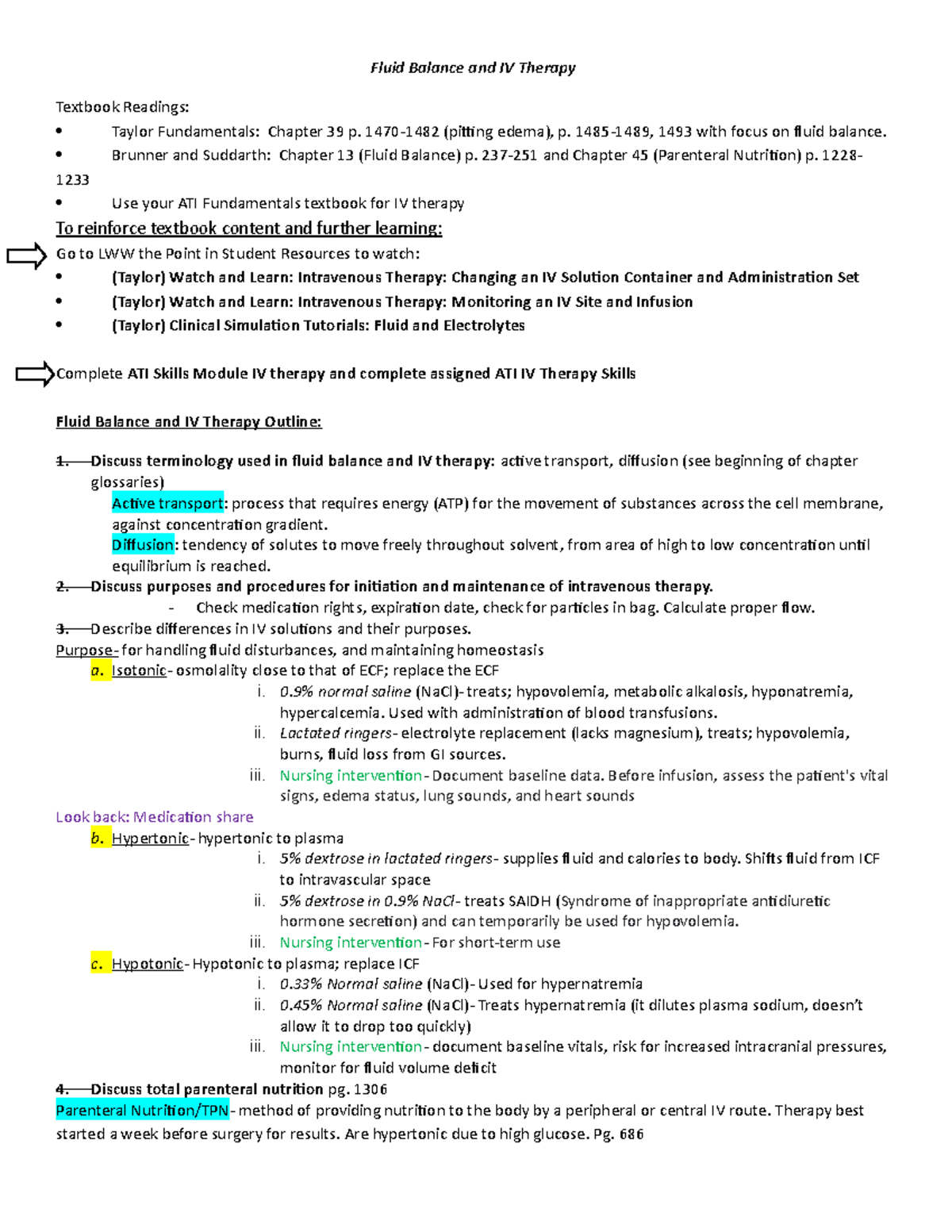 Study Guide - Fluid Balance and IV Therapy Outline - Fluid Balance and ...