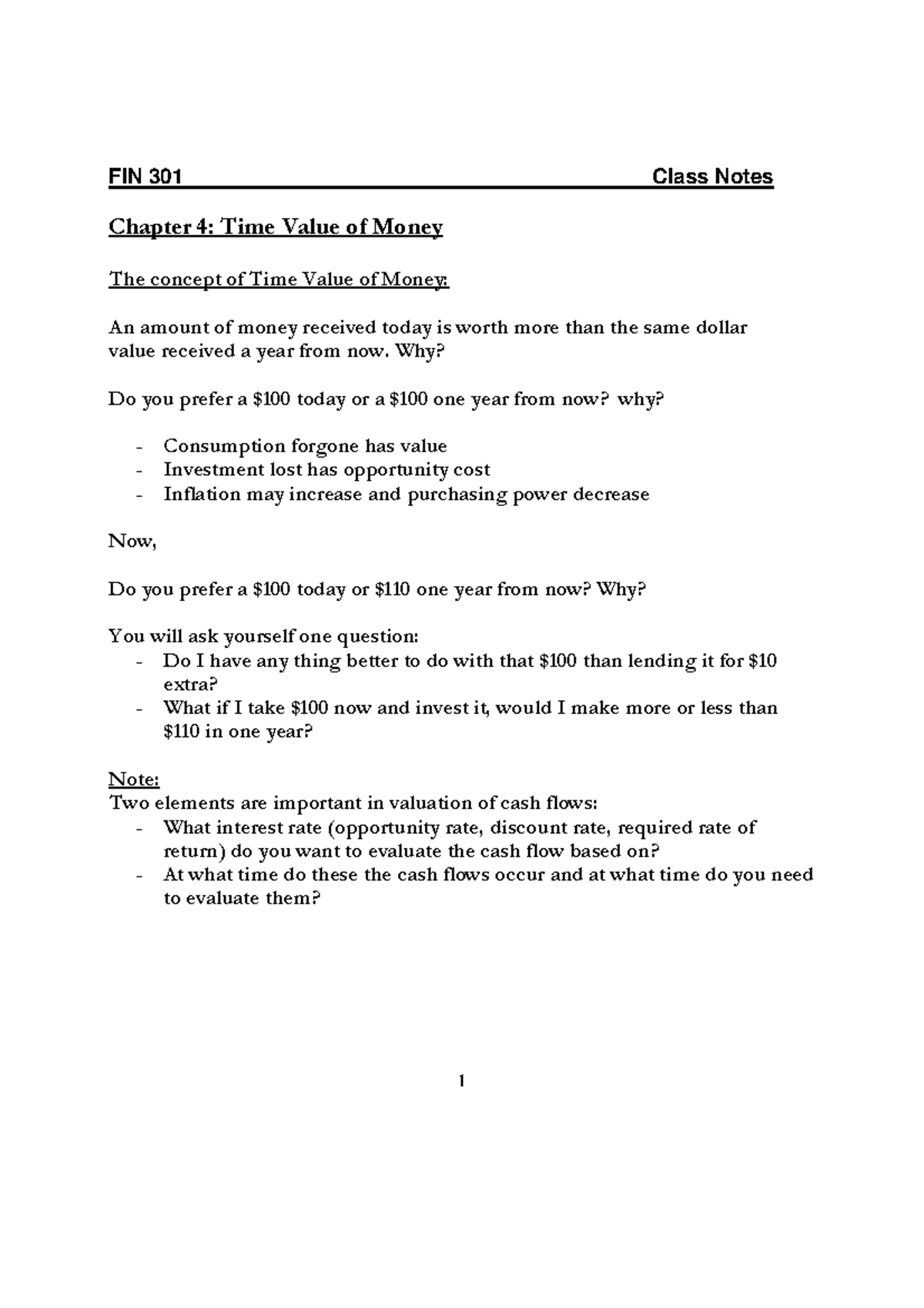 Time Value Of Money Lecture Notes 1 Fin 301 Class Notes Chapter 4 Time Value Of Money The Time Value Of Money Lecture Notes 1 Fin 301 Class Notes Chapter 4 Time Value Of Money The