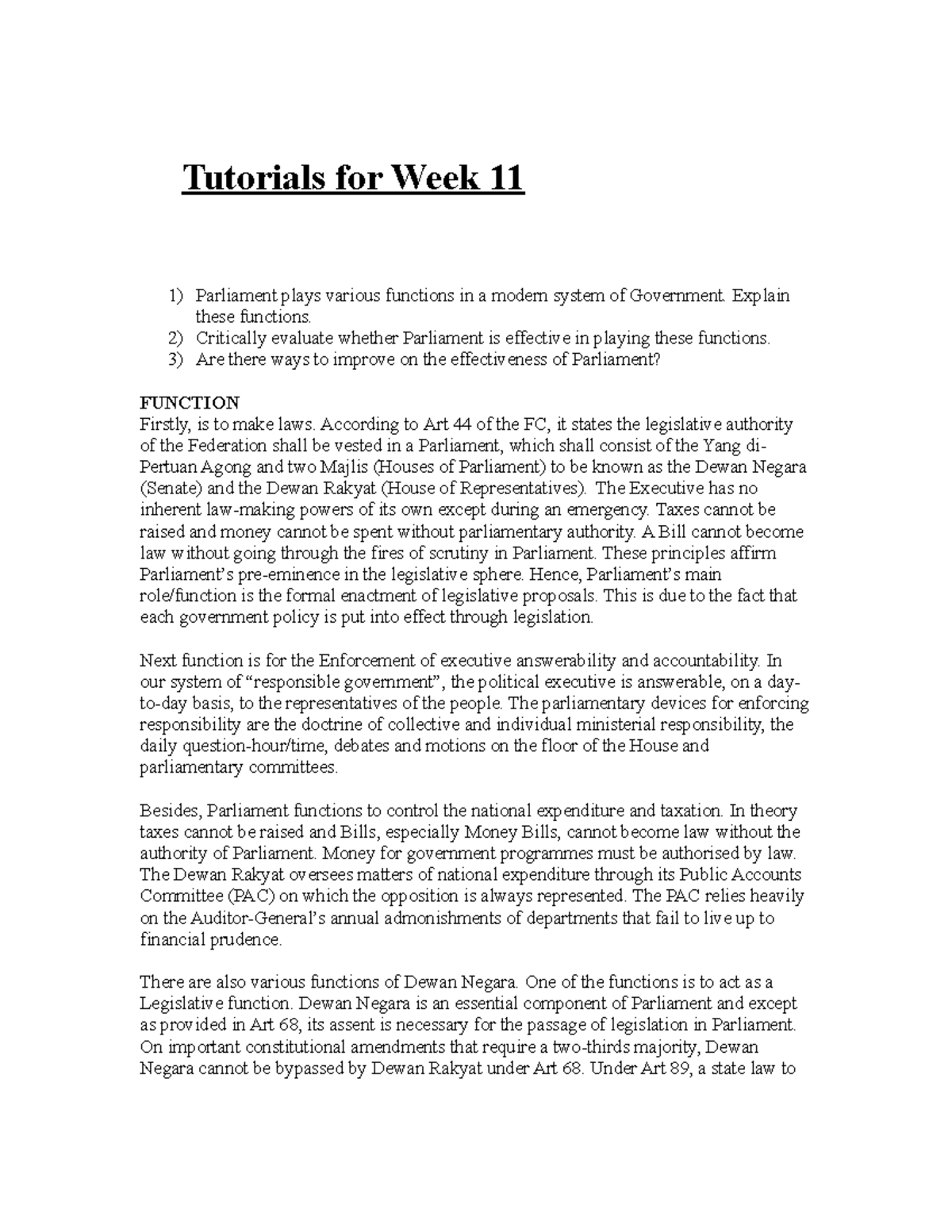 Constitutional law- Tutorial 11 - Tutorials for Week 11 Parliament ...
