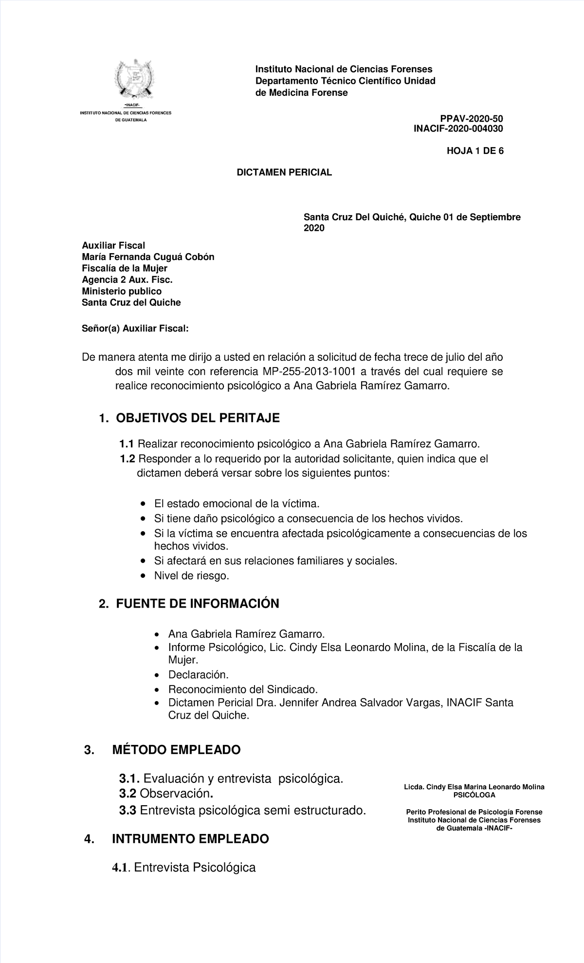 Peritaje- Inacif - Licda. Cindy Elsa Marina Leonardo Molina PSICÓLOGA ...