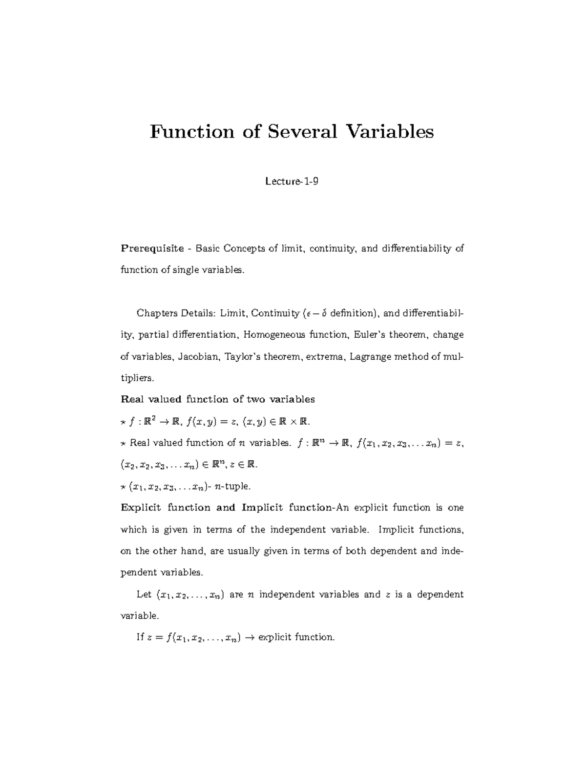 Unit 2, Lecture 7-10 - Function of Several Variables Lecture-1 ...