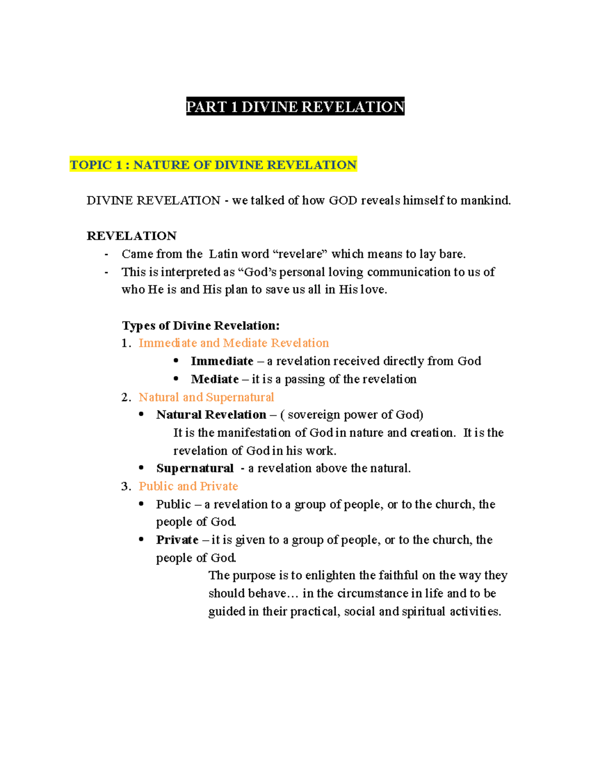 Divine Revelation Prayer PART 1 DIVINE REVELATION TOPIC 1 NATURE