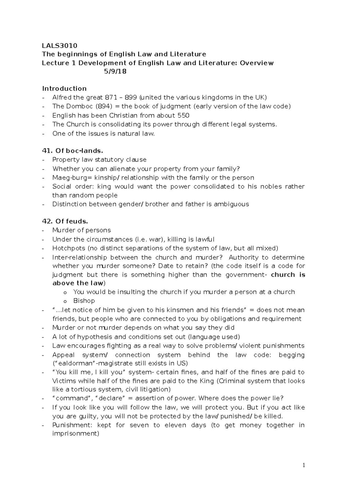 LALS3010 The beginnings of English Law and Literature Lecture Outline