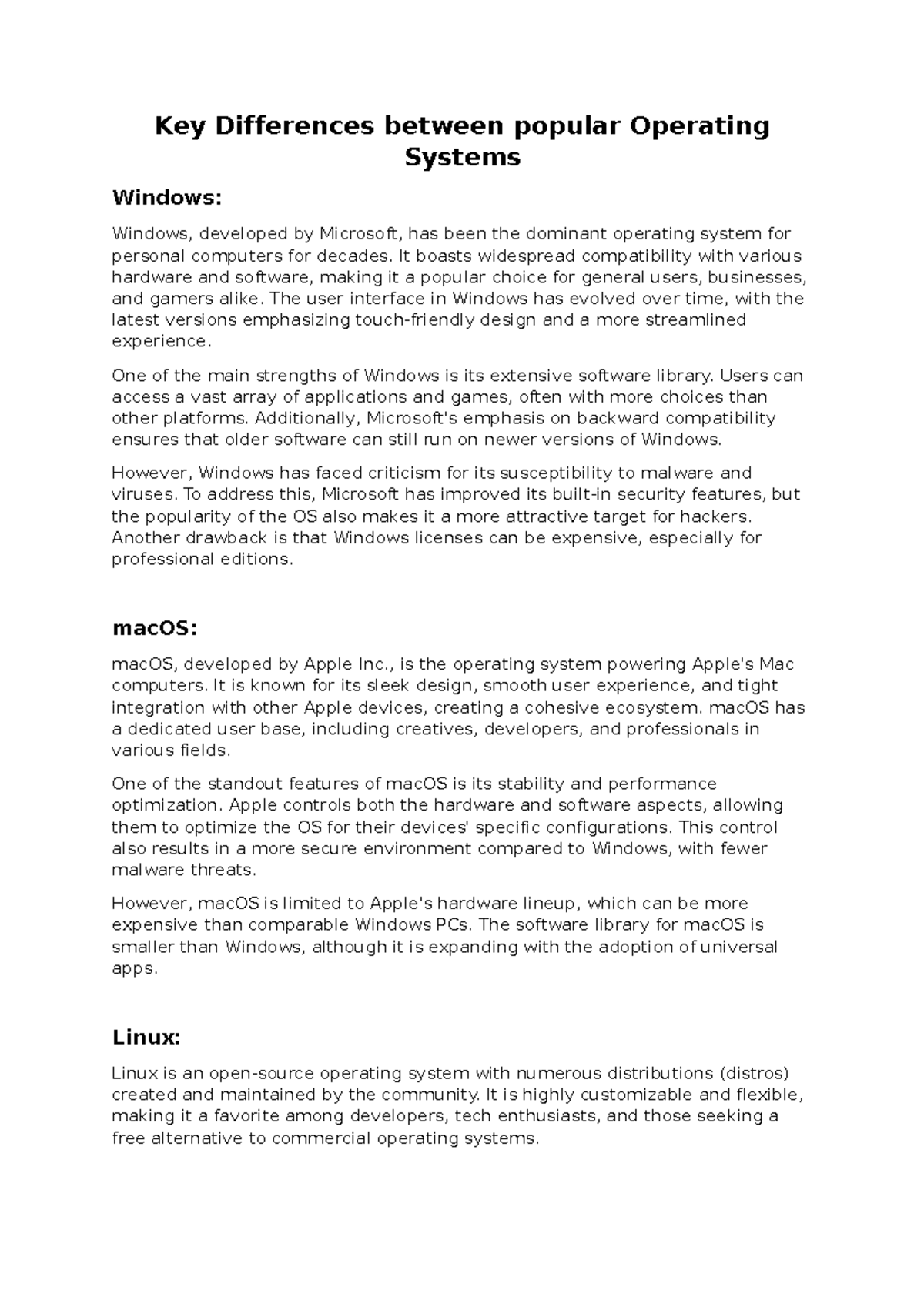 Assignment 1 - random - Key Differences between popular Operating ...