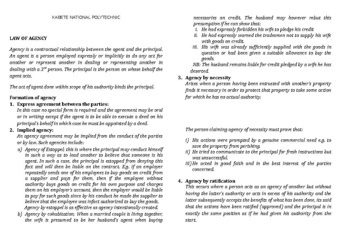 The law of Agency - I would love to get some revision notes - business ...