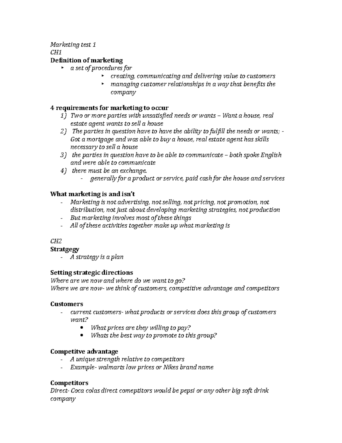 Marketing test - first test chapter 1-9 - Marketing test 1 CH ...