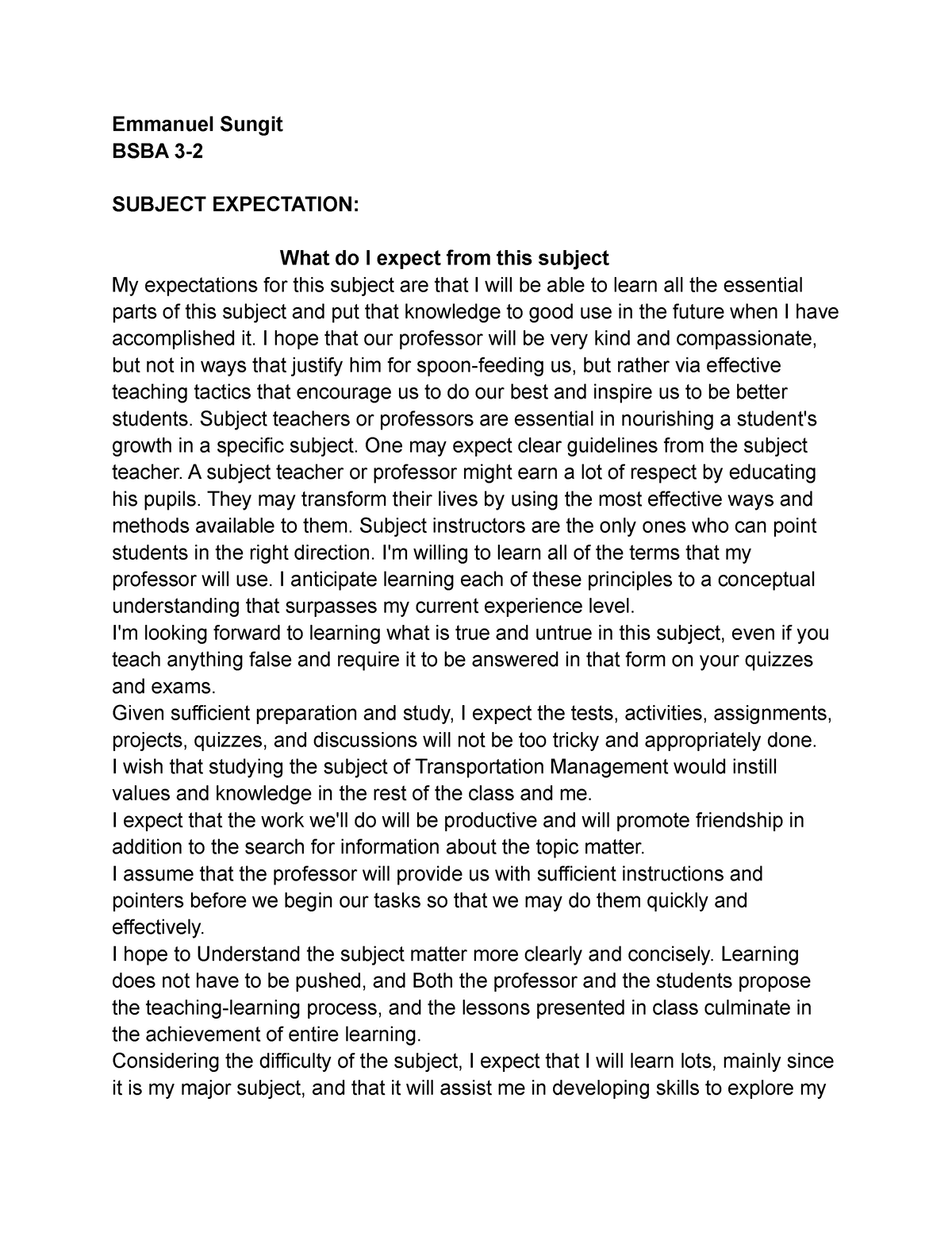 essay about expectation in subject