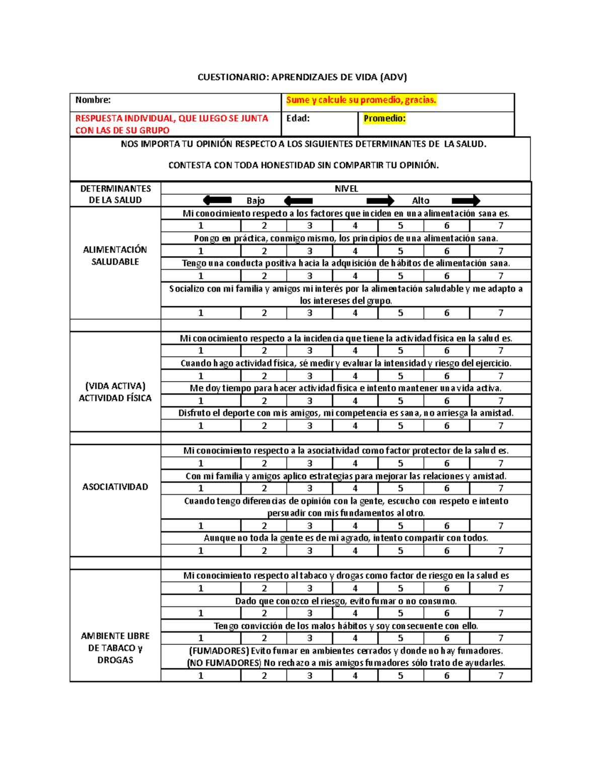 1 Test ADV - Test ADV - CUESTIONARIO: APRENDIZAJES DE VIDA (ADV) Nombre ...