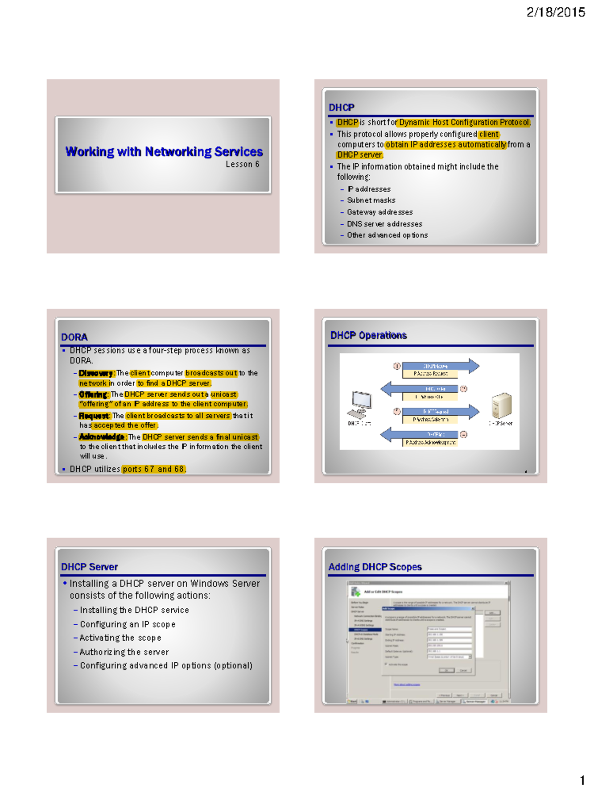 Network 6 Lecture notes 6 DHCP Working with Networking Services