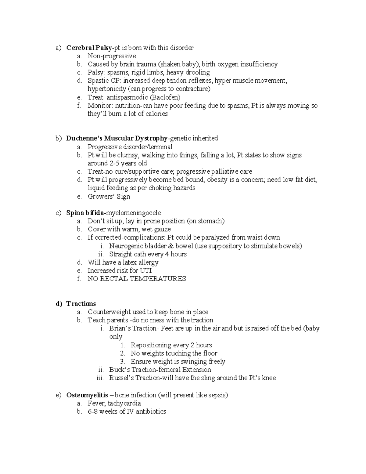 Peds Final Review cheat sheet - a) Cerebral Palsy-pt is born with this ...