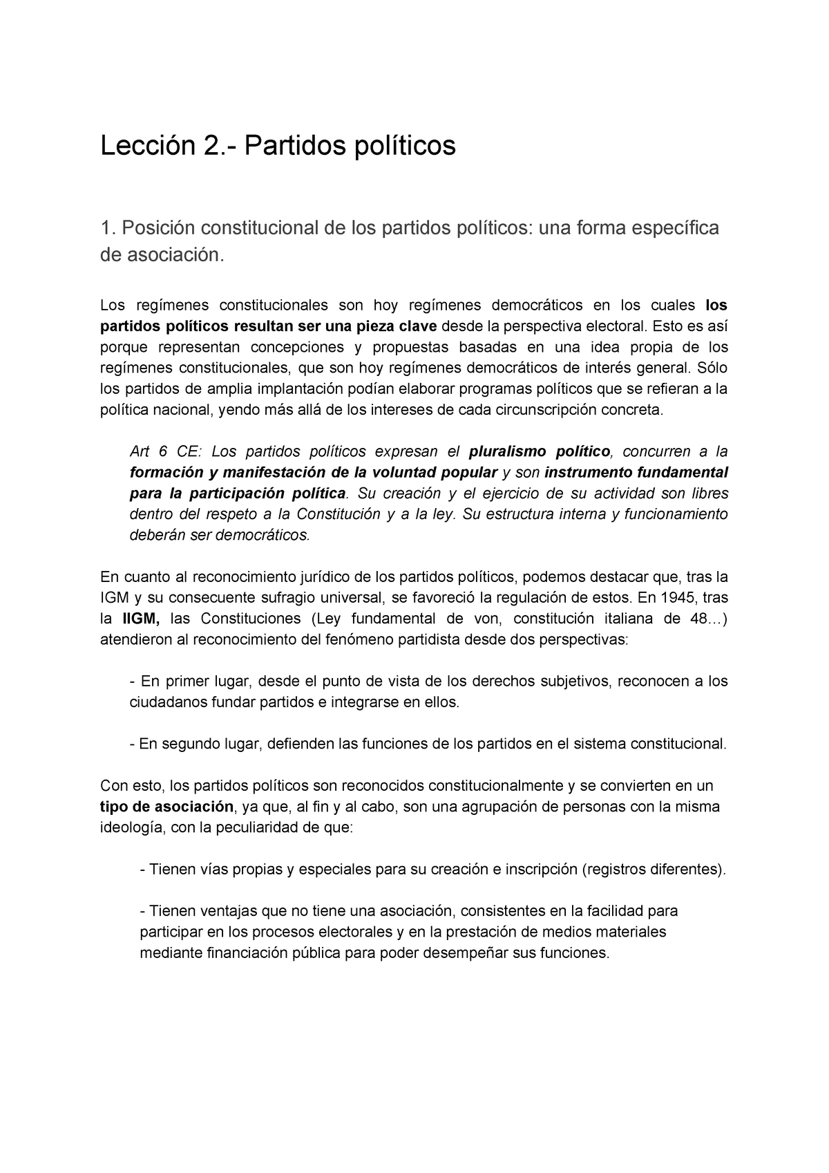 Tema 2 Apuntes 2 Lección 2 Partidos Políticos 1 Posición Constitucional De Los Partidos