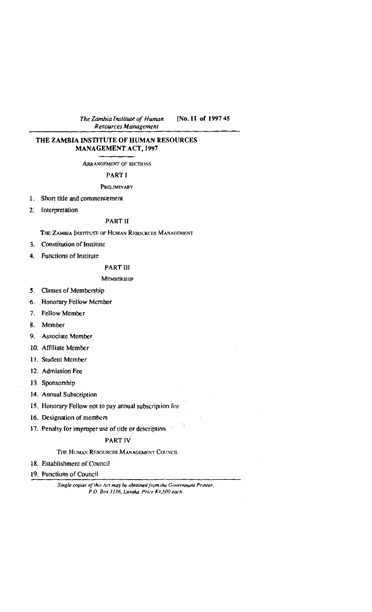 The Zambia Institute of Human Resources Management Act, 1997, No. 11 of