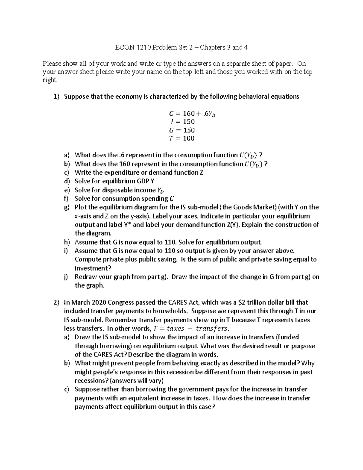 practice problems chapter 3 and 4 - ECON 1210 Problem Set 2 – Chapters ...