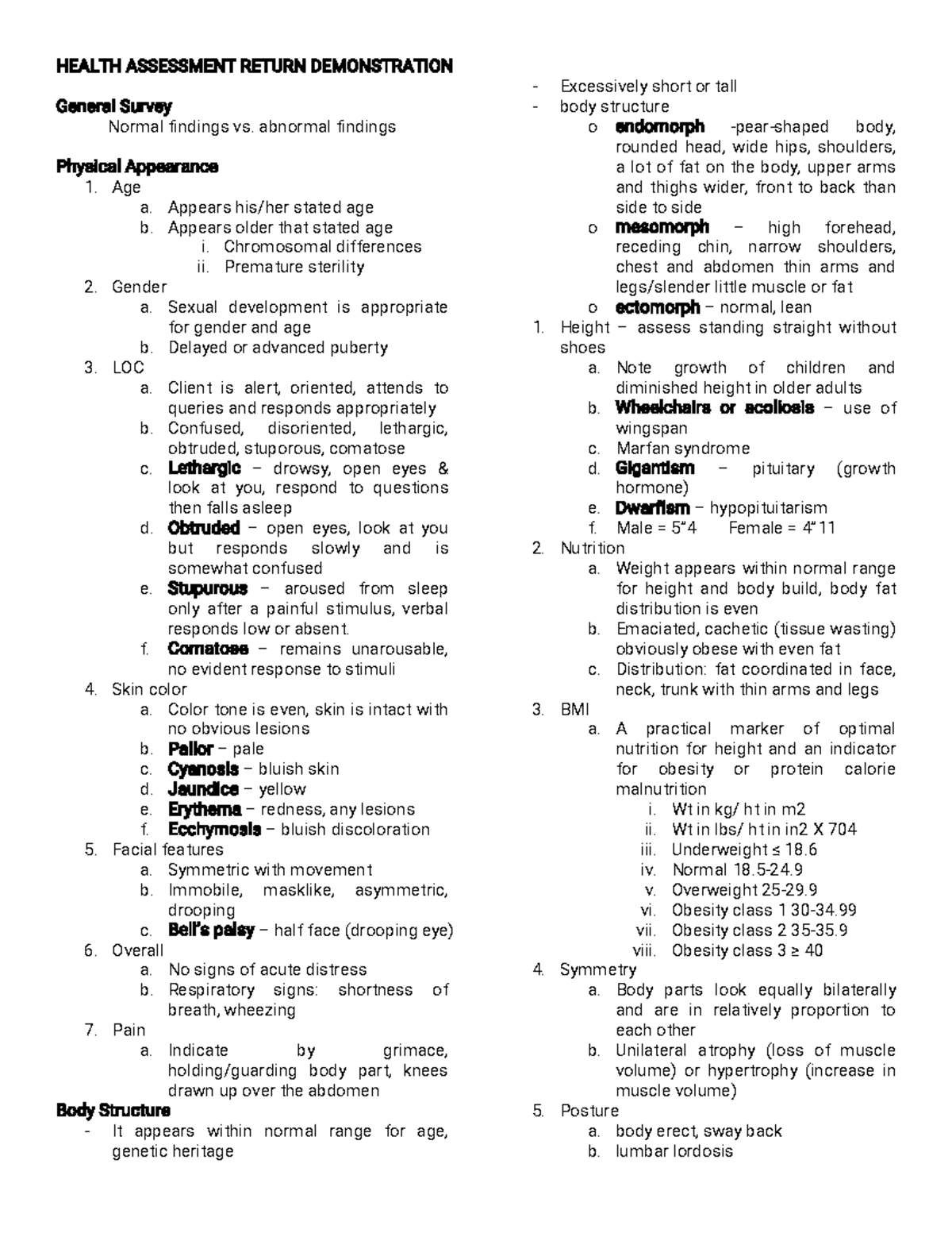 Health Assessment Notes - HEALTHASSESSMENTRETURNDEMONSTRATION ...